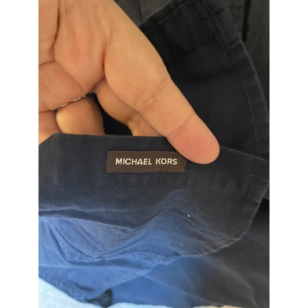 Michael Kors Mens Shirt XL Navy Roll Tab Sleeve Linen Cotton Blend Button Up